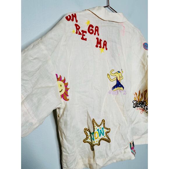 RHODE Off-White Graphic Whimsical Patches Front Button Collared Nola Top Size L - Picture 11 of 16